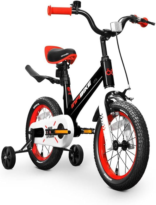 SereneLife Kids Bike with Training Wheels - Toddlers Bicycle w/Adjustable Seat Height, Alloy Steel Frame, Dual Brake System, Full Chain Guard, Reflector, Bell, Kickstand