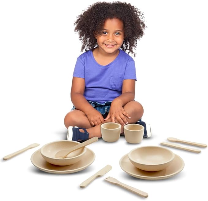 PlanToys Play Dishes Wooden Tableware Set - Sustainably Made from Rubberwood Featuring 2 Plates, 2 Spoons, 2 Forks, 2 Knives, 2 Drinking Cups, and 2 Bowls