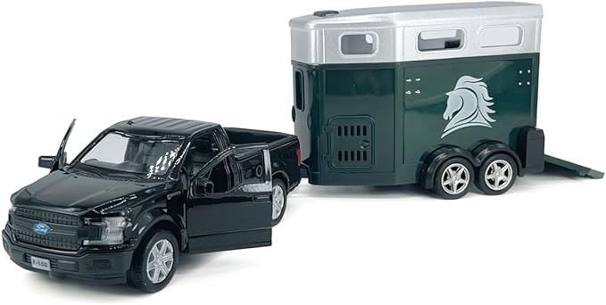 F-150 Pickup Truck Trailer Towing Horse Transporter Farm Trailers, Doors Open, 1/36 Scale Model Car Diecast Metal Toy Cars, 3 4 5 6 7 Year Old Kids Boys Gifts, Cake Topper Home Office Décor Collection
