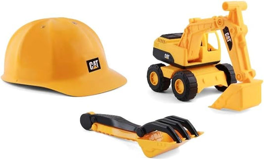 CAT Construction Toys, Excavator Sand Set Outdoor Toys - 10” CAT Toy Dumps Truck & Loader, Hard Hat, Shovel, Rake - Pretend Play, Ages 2+