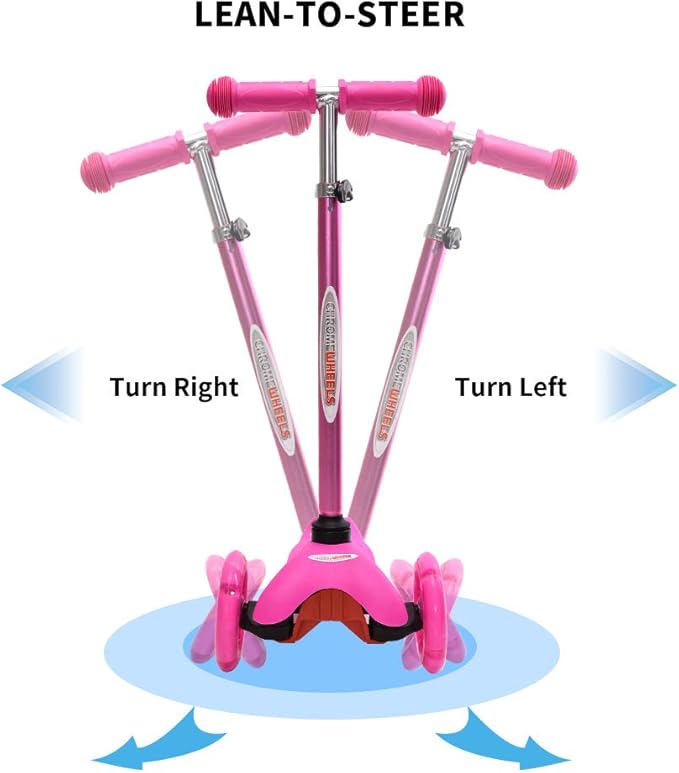 ChromeWheels Scooter for Kids, Deluxe 3 Wheel Scooter for Toddlers 4 Adjustable Height Glider with Kick Scooters, Lean to Steer with LED Flashing Light for Ages 3-6 Girls Boys