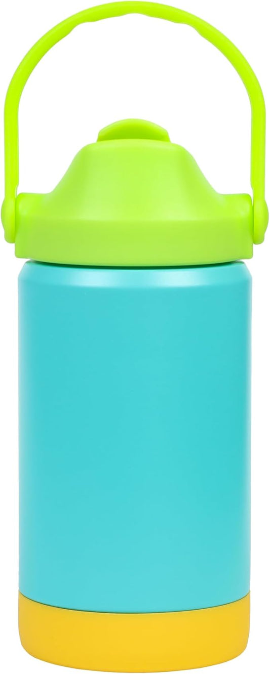 Re-Play 12 oz Water Bottle for Kids - Vacuum-Insulated Stainless Steel Tumbler with Flip-Straw, Silicone Base and Handle - Spill and Leak-Proof Design, Dishwasher and Freezer Safe, Aqua Assorted