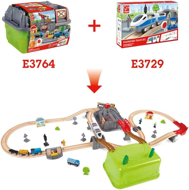 Hape Railway Bucket Builder Set | 50-Piece Multi-Color Wooden Train Set Toy, Construction Building Kit for Kids