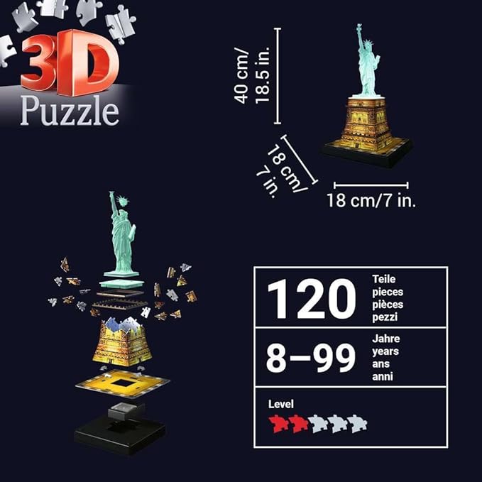 Ravensburger Statue of Liberty Night Edition - 108 Piece 3D Jigsaw Puzzle for Kids and Adults | Precision Fit with Easy Click Technology | Durable Display Piece | Over a Century of Quality