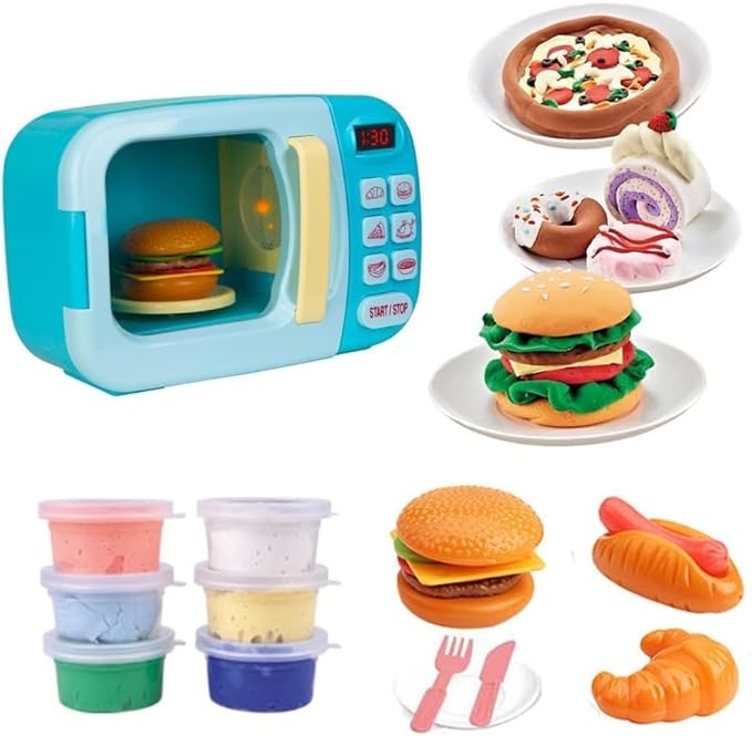 Microwave Kitchen Play Set with Light Sound for Kids with Pretend Fake Food and 6 Color DIY Play-Dough Clay Great for Toddlers 3 and Older Grils and Boys (Blue)