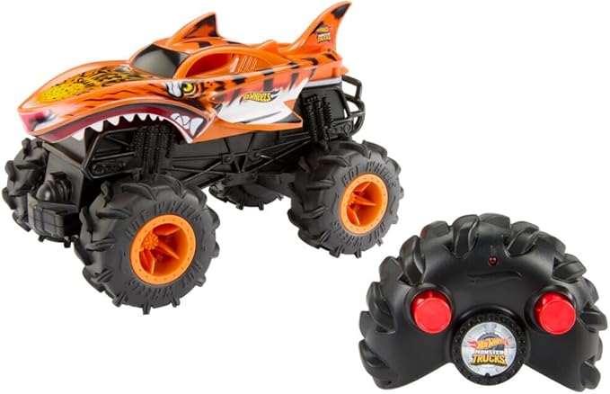 Hot Wheels Monster Trucks RC, 1:24 Scale Tiger Shark Vehicle, Oversized Remote-Control Toy Truck with Terrain Action Tires