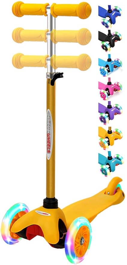 ChromeWheels Scooter for Kids, Deluxe 3 Wheel Scooter for Toddlers 4 Adjustable Height Glider with Kick Scooters, Lean to Steer with LED Flashing Light for Ages 3-6 Girls Boys