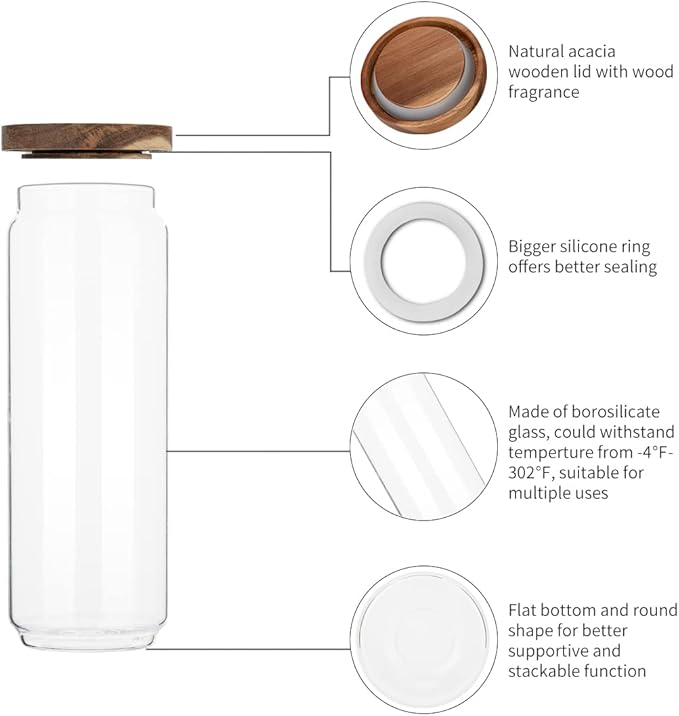 Glass Storage Jars with Acacia Wooden Lid Set of 3, 34 OZ High Borosilicate Glass Containers Kitchen Food Canisters s for Coffee Beans/Sugar/Tea/Nuts