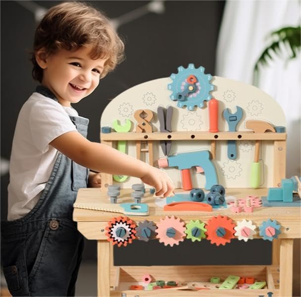 Wooden Power Tool Workbench for Kids, Building Tools Sets Pretend Play Toys - Construction Workbench with Wrench, Screwdriver, Miter Saw and Hammer - Educational Gift for Toddlers Age 3 and Up