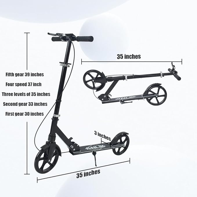 Dual-Brake Shock-Absorbing Kick Scooter, Anti-Skid PU Wheels, 4 Height-Adjustable Positions, Wider Pedals, Suitable for Children Over 6 Years Old, Teenagers & Adults
