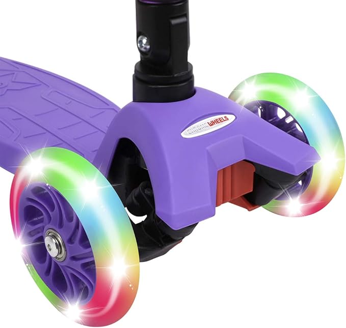 ChromeWheels Scooters for Kids, Deluxe Kick Scooter Foldable 4 Adjustable Height 132lbs Weight Limit 3 Wheel, Lean to Steer LED Light Up Wheels, Best Gifts for Girls Boys Age 3-12 Year Old
