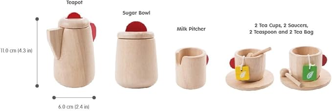 PlanToys Wooden Tea Set (3433) | Sustainably Made from Rubberwood and Non-Toxic Paints and Dyes