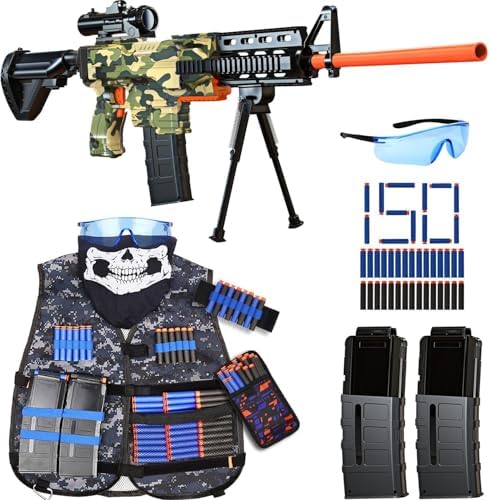 Toy Gun Automatic Sniper Rifle -3 Modes Toy Foam Blasters with Tactical Vest, Bipod, 2 Clips and 150 Darts, Electric Toys for Adults Boys Age 8-12 Gifts for Birthday Xmas