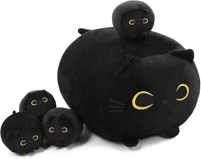 Black Cat Stuffed Animal Mommy Cat Plush Toys with 4 Squishy Baby in Her Tummy Soft Cute Hugging Pillows for Boys and Girls
