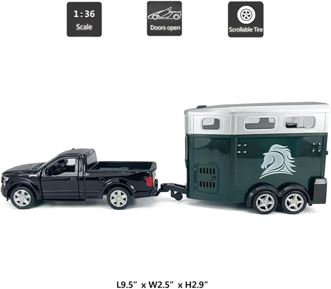 F-150 Pickup Truck Trailer Towing Horse Transporter Farm Trailers, Doors Open, 1/36 Scale Model Car Diecast Metal Toy Cars, 3 4 5 6 7 Year Old Kids Boys Gifts, Cake Topper Home Office Décor Collection