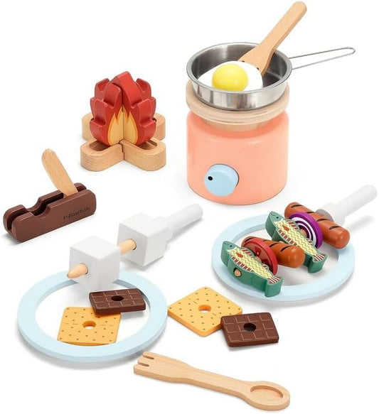 Wooden Camping Toys, Pretend Play Toys Campfire with Kids Grill Playset, 25pcs Kids Play Food Toy Set, Outdoor Play Toys for Toddler Boys and Girls Ages 3+
