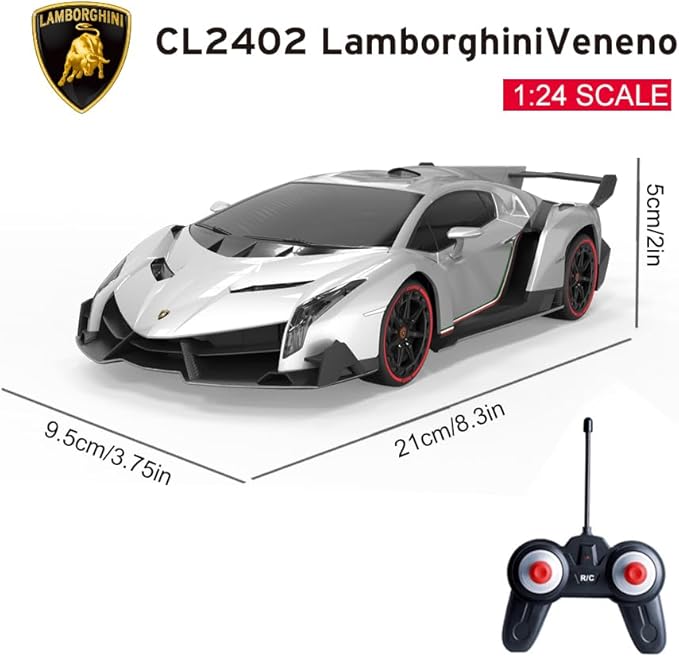 Vinie Remote Control Car for Boys, RC Cars Lamborghini, 1:24 Scale Officially Licensed Kids Toys, Lambo Veneno Drift Car with Cool Led Lights, 4 5 6 7 8 9 10 11 12 Year Old Boy Birthday Gift (Silver)