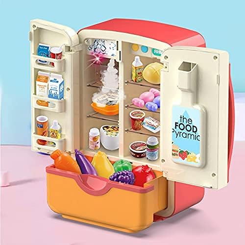 Kitchen Toys Fridge Refrigerator with Ice Dispenser Pretend Play Appliance for Kids, Play Kitchen Set with Kitchen Playset Accessories for Boys & Girls Music and Light
