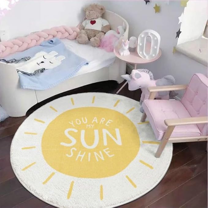 Poowe Sunshine Soft Plush Round Rug for Kids Room - 3.3 ft Alphabet Non Slip Nursery Bedroom Playroom Washable Classroom ABC Circle Rug for Kids Baby Toddlers
