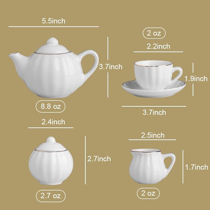 Sweejar Porcelain Toy Tea Sets British Royal Series, Vintage Style Tea Set for Children, Cups & Saucer Service for 4, with Teapot, Sugar Bowl and Cream Pitcher(White)