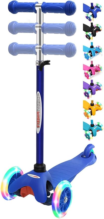 ChromeWheels Scooter for Kids, Deluxe 3 Wheel Scooter for Toddlers 4 Adjustable Height Glider with Kick Scooters, Lean to Steer with LED Flashing Light for Ages 3-6 Girls Boys