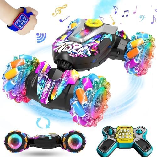 Gesture Sensing RC Stunt Car, 2.4G Remote Control Car Toys for Boys Ages 4-7 8-12, 4WD RC Drift Cars with Lights Music Spray, 360° Spins All Terrains Kids Toy Birthday Gift for 3-12 Year Old Kids