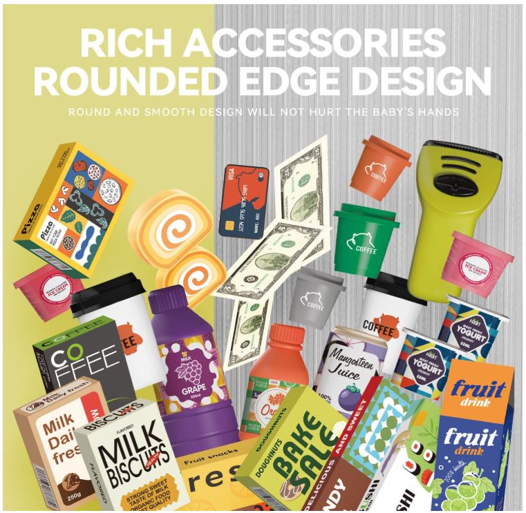 Cash Register Playset for Kids - 48PCS Pretend Play Money, Calculator, Scanner, Credit Card and Play Food for Boys and Girls Ages 3+ (668-124)