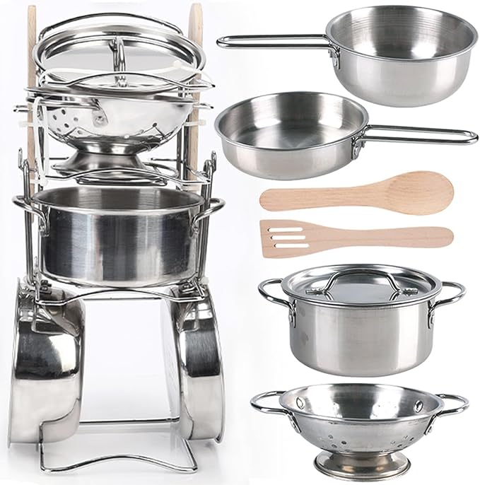8 PCS Stainless Steel Play Pots and Pans Toys for Kids-Kitchen Playset Pretend Game Toys Cookware Cooking Utensils,Children Kitchen Accessories Set,Great Learning Gifts for Toddler & Boys Girls