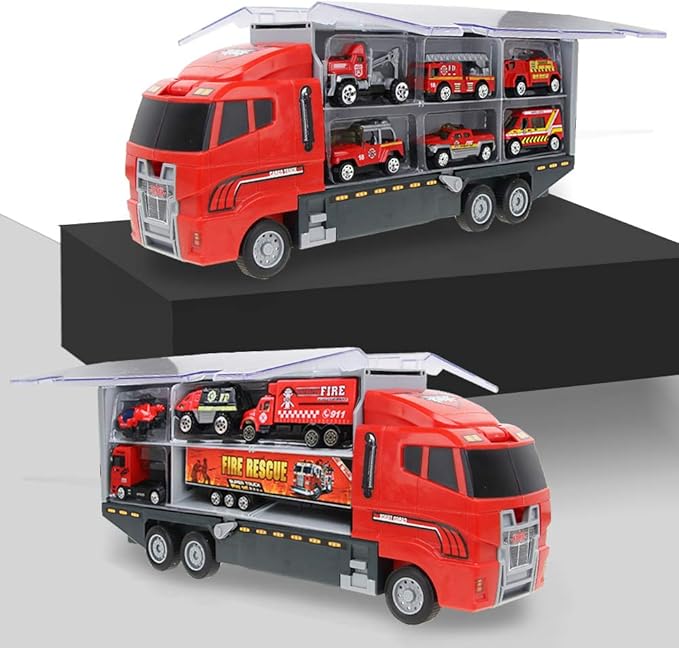 Coolplay Fire Truck Toy Set for Kids, Toy Vehicles Carrier Truck with Die-cast Cars, Rescue Firetruck for Boys 3-6 Years Old