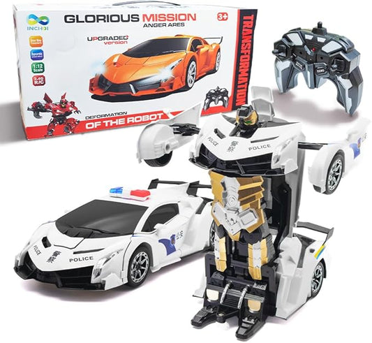 Transform Remote Control Car, 1:12 Scale Police Car Toy, One Button Deformation & Gesture Sensing Robot Car, Transforming Toys with Light Music 360° Drift, RC Cars for Boys Age 8-12