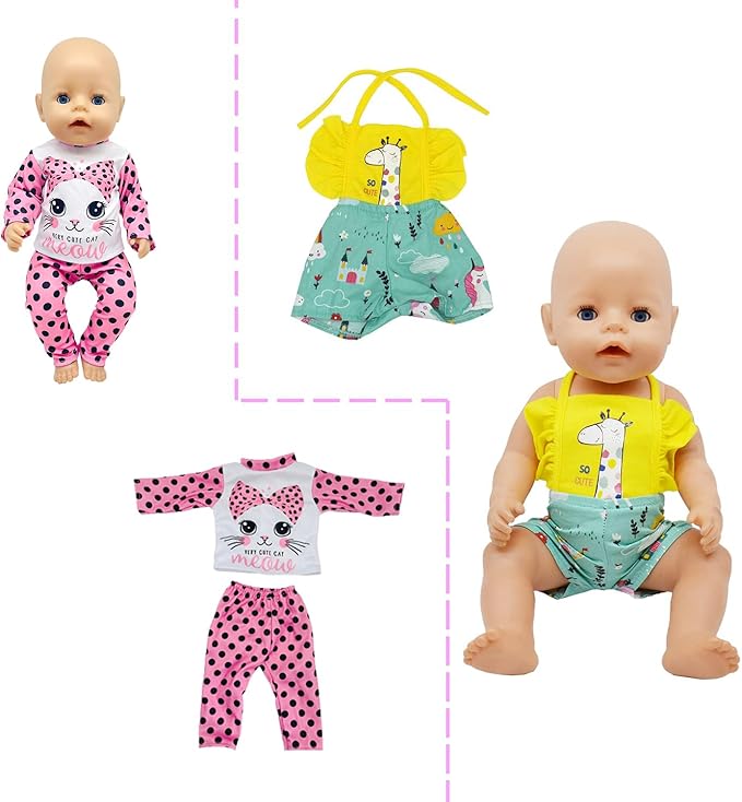 16-18 Inch Baby Doll Clothes 10-Piece Set: Casual Outfits, Pajamas & Hair Clip Accessories for 43cm Newborn Dolls for Toddlers & Collectors (Fits Most American Girl Dolls)