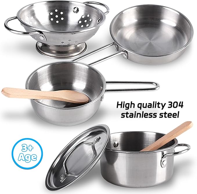 8 PCS Stainless Steel Play Pots and Pans Toys for Kids-Kitchen Playset Pretend Game Toys Cookware Cooking Utensils,Children Kitchen Accessories Set,Great Learning Gifts for Toddler & Boys Girls