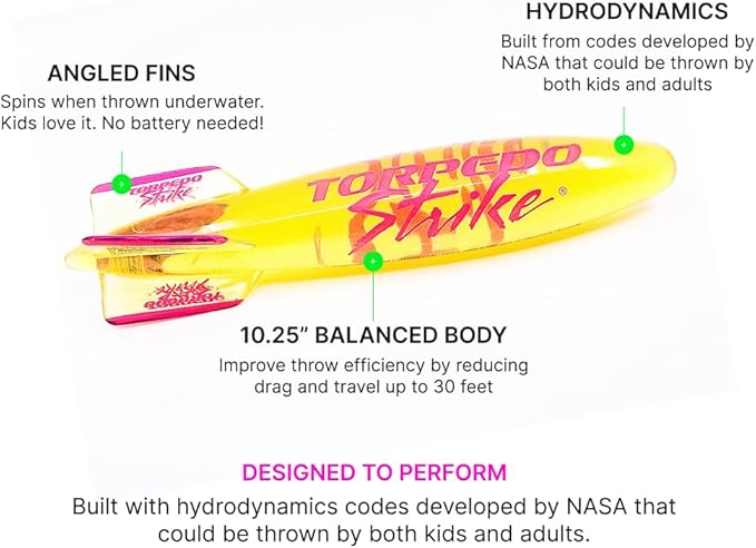SpinFin 10.25" Large Ultra Premium Pool Torpedo Rocket Spins & Glides Up to 30 Feet Like Underwater Football for Under Water Passing Games Underwater Torpedo Diving Toy Glider (Yellow)