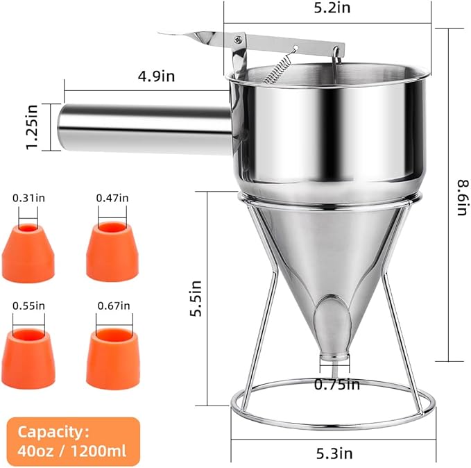 40oz Pancake Batter Dispenser, Stainless Steel 4 Caliber Funnel Cake Dispenser with Stand Great for Pancakes, Cupcakes and Baked Goods