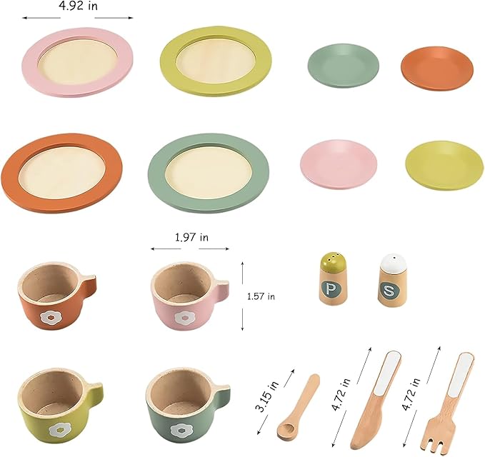 Giant bean 27PCS Wooden Toy Plates and Dishes for Kitchen Set, Wooden Play Kitchen Accessories for Girls and Boys, Montessori Toys, Christmas Birthday Gift for Kids