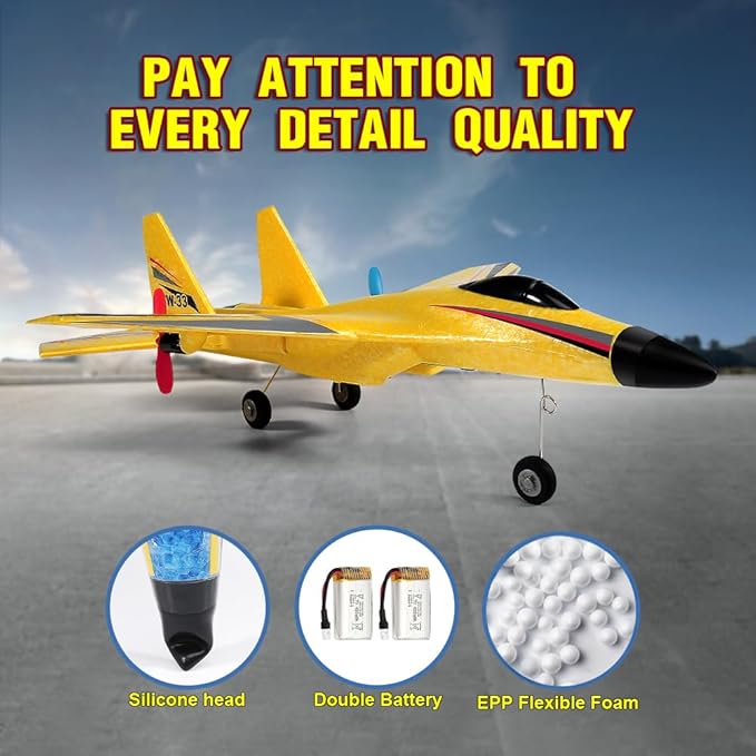 SU-27 RC Airplane,2.4GHz 2 Channel Remote Control Plane with Gyro Night Lights and 2 Batteries, Easy to Fly for Adults, Beginners and Kids Yellow Toy