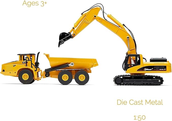 Top Race Construction Toys Set - Metal Excavator Toy, Dump Truck for Kids - Realistic Toy Trucks with Moving Parts for Indoor, Outdoor Play - Durable Construction Vehicles for Boys and Girls