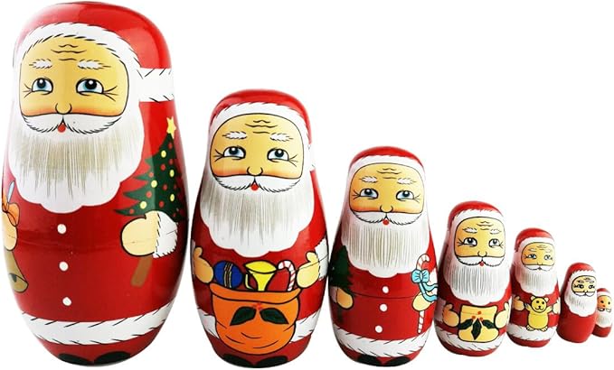 Winterworm Cute Creative Santa Claus's Bringing Kinds of Gifts to You Pattern Handmade Wooden Matryoshka Dolls Russian Nesting Dolls Set 7 Pieces for Kids Toy Birthday Home Decoration