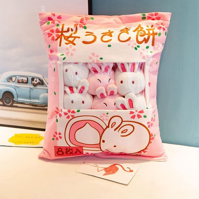 ARELUX Cute Bunny Plush Pudding Pillow:Snack Pillow Toys Bag Removable Stuffed Animal 8Pcs Sets Creative Plush,Soft Sakura Bunny Plushie Throw Pillow,Dolls Friends Family Member