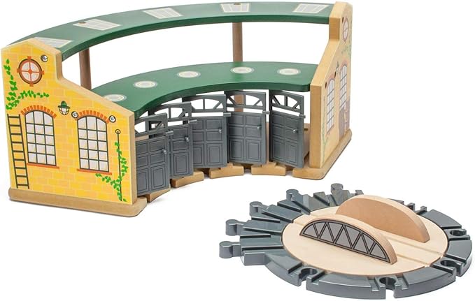 inc. Wooden Train Round House Combo with Rotating Turntable, Train Shed to House 5 Engines or Cars, Wooden Train Track Accessories Compatible with Major Brand Railway Sets