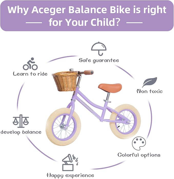 ACEGER 12" Kids Balance Bike with Basket, No Pedal Toddler Bicycle for Early Learning Leg Strength and Steady Balancing, Durable Frame&Tool-Free Adjustable Seat, Gift Bike for 2-5 Kids