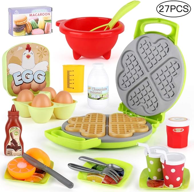 27 Pack Waffle Play Food Toys for Toddlers ,Kitchen Sets for Kids,New Sprouts Waffle Time Variety Toys Gift for Kid Children ,Early Educational Learning Game for Age 3 4 5 6 7 8 Boys Girls