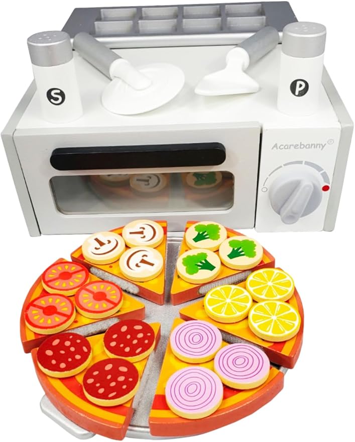 TEKOR Toys Toy Pizza Oven Set | Pizza Oven | Pizza Cutter | Server | 6 Slices | 18 toppings | Salt & Pepper Shaker | Menu | Money | Children Kids Apron & Chef Hat| Using Imagination and Endless Fun