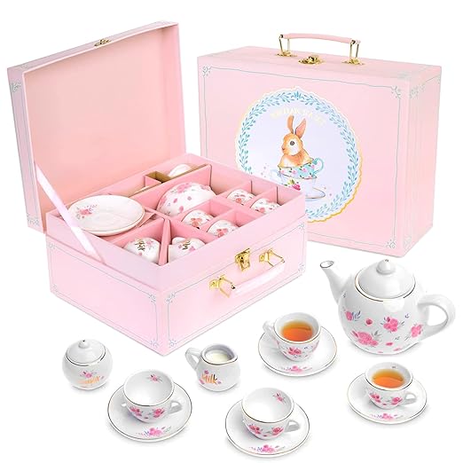Jewelkeeper Porcelain Tea Set for Little Girls with Pink Picnic Basket - 13 Pieces Mini Toddler Tea Sets for Girls 2-4 - Real Cups, Teapot, and Saucers - Children Playset - Floral Design