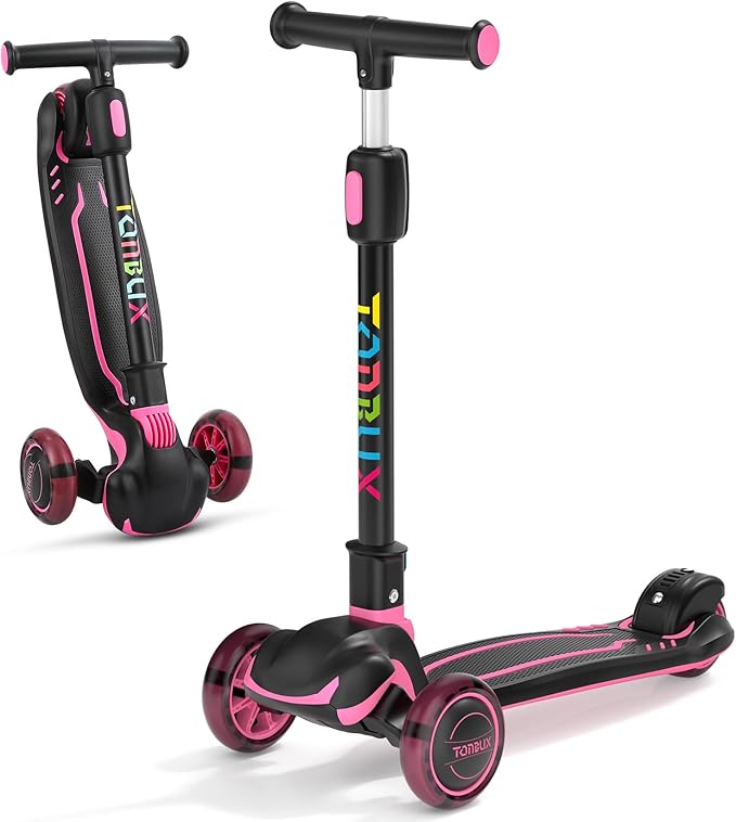 TONBUX Kids Scooter, Light Up 3 Wheel Kick Scooters for Kids 3-12, Folding Scooters with Adjustable Height - Toddler Scooter Lean-to-Steer & Widen Anti-Slip Deck