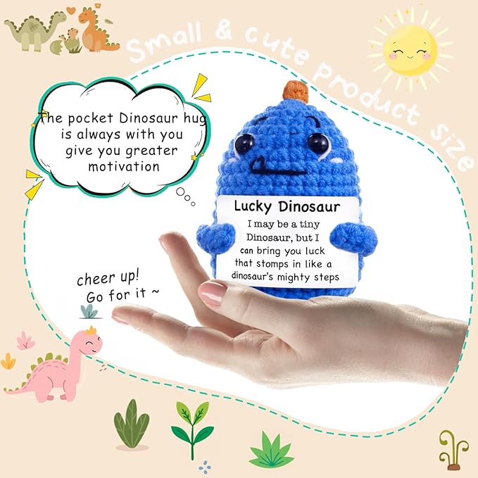 Funny Easter Basket Stuffers Positive Crochet Animals Dinosaur, Stress Relief Gifts for College Student Graduation Boyfriend Husband Women Birthday Desk Decor(Deep Blue Dinosaur)