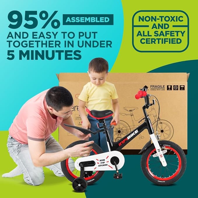 SereneLife Kids Bike with Training Wheels - Toddlers Bicycle w/Adjustable Seat Height, Alloy Steel Frame, Dual Brake System, Full Chain Guard, Reflector, Bell, Kickstand