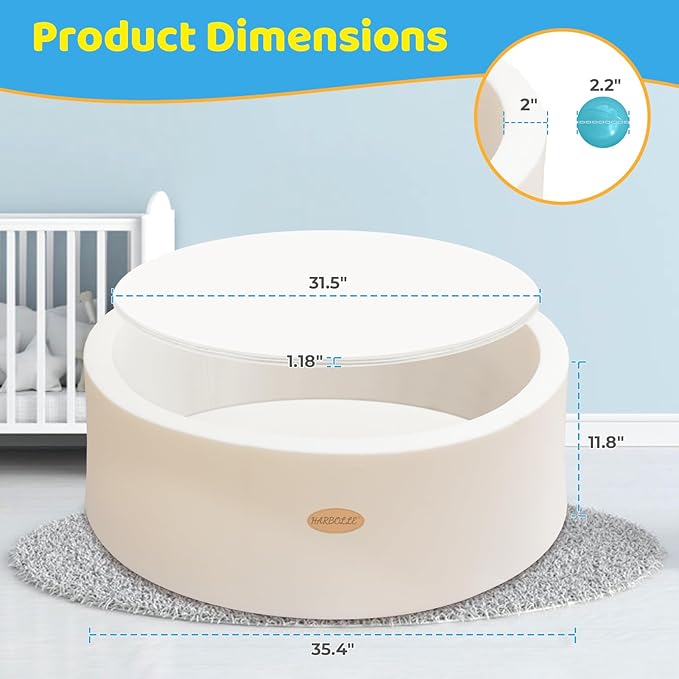 Baby Ball Pit 35.4" Soft Round Memory Foam Ball Pits NOT Included Balls Indoor Outdoor Playpen for Babies Toddlers Kids Great Gift for Girls Boys, White