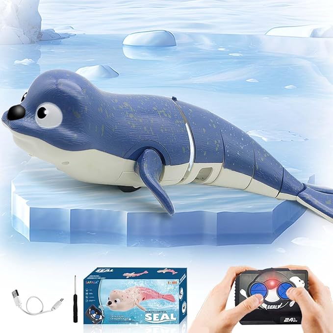 Pool Toys Amphibious Remote Control Seal on Land Water 2.4Ghz Rechargeable Battery Remote Control Shark for Robot Toys Pool for Kids 8-12 Years Old Boys Girls 8,9,10,Upgrade Version Blue