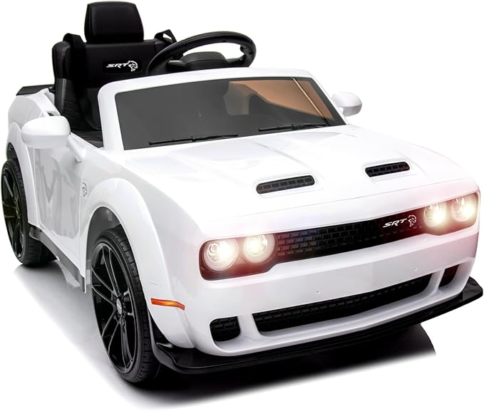 Kids Electric Car | Licensed Dodge Challenger Ride-On 12V Battery-Powered Vehicle with Remote, LED Lights, Bluetooth, MP3 for Boys and Girls, White